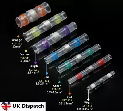 25PC Waterproof Solder Seal Heat Shrink Wire Cable Connectors Crimps Butt Joint • £4.29