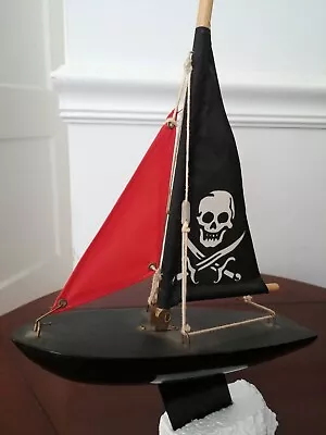 RARE Vintage Wooden Red Black Pirate Toy Sail Water Pond Boat Yacht Rig Hull • $39.99