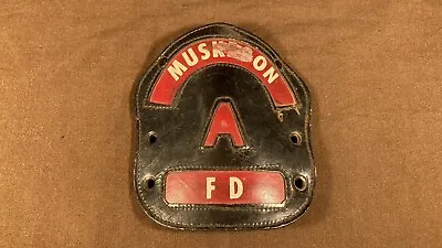 Vintage Fire Fighter Muskegon Michigan Fire Dept MSA Leather Helmet Shield/Badge • $48.50