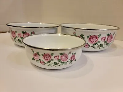 Set Of 3 Vtg GMI Enamel Metal Nesting Bowls Pink Rose Flower Storage And Serving • $23.99