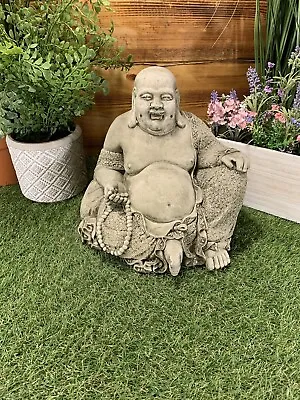 Stone Garden Laughing Buddha Sitting Down Statue Ornament • £39.70