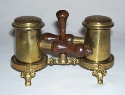 Vintage Brass SALT & PEPPER SHAKER POTS W/Plastic Liners Wood Handles Holder • $19