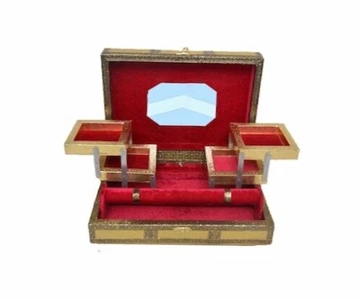 £19.99 • Buy Indian Rustic Gold Embossed Jewellery Box With Cotton Rose Red Interior Velvet