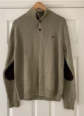 Chaps Ralph Lauren Mens Jumper 1/4 Button Sweater Green Elbow Patch Size Medium • £14.99