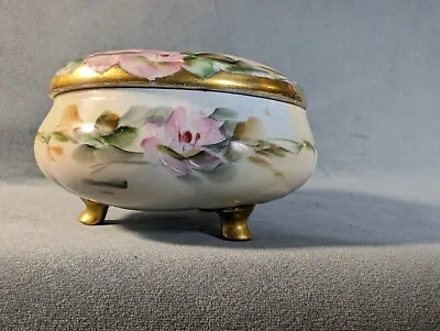 Old Austria Trinket Jewelry Jar Tine Box & Lid Porcelain Hand Painted Floral • $45
