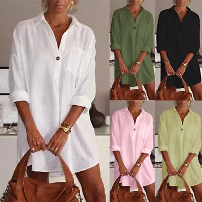 Womens V Neck Baggy Shirt Dress Long Sleeve Casual Loose Tops Bikini Cover Up • £11.49