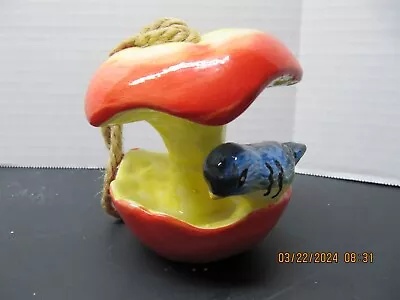 Vintage Ceramic Apple Shaped Hanging Garden Blue Bird Feeder Garden Patio • $12