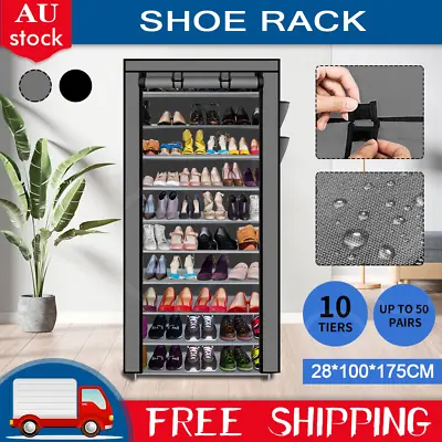 $23.69 • Buy Shoe Rack 10 Tier Shelves Shoes Cabinet Storage 50 Pairs Steel Stand With Cover