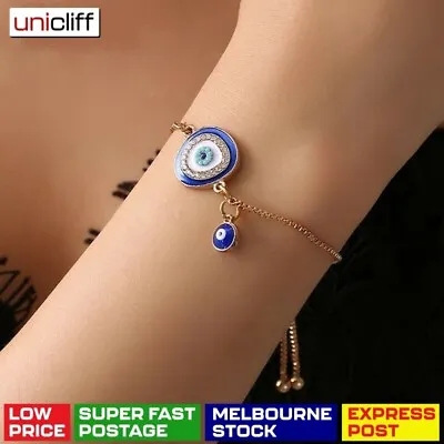 Blue White Crystal Greek Turkish Evil Eye Protection Gold Adjustable Bracelet AU • $7.99