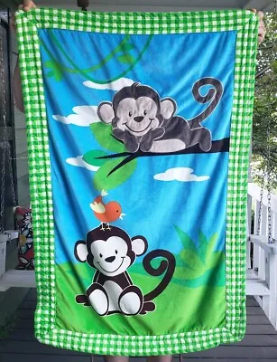 Monkeys Baby Blanket Plush Sherpa Blue Green Little Miracles 30x43 Child Toddler • $24