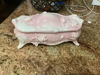 VINTAGE INCOLAY ART NOUVEAU ROSES JEWELRY BOX CASKET LARGE MOLDED PINK 10x4 • $12