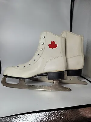 Vintage White Ice Skates Women’s Size 4 SLM 10 1/2  Blades Red Maple Leaf Canada • $22