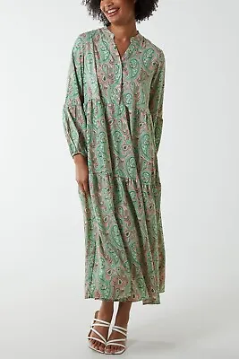 Qed London Paisley Button Down V Neck Tiered Maxi Dress Green Bnwt Medium • £19.99