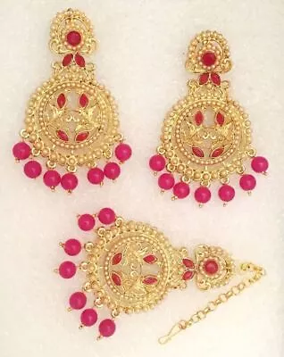 New Bridal Maang Tikka Earrings Set Bollywood Kundan CZ Gold Tone Indian Jewelry • $23.64