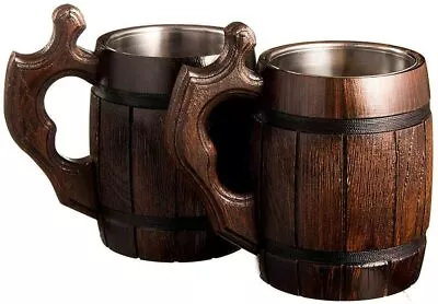 2 X Wooden Beer Mug Handmade Wood Stainless Steel Cup Beer Stein Gifts Christmas • $189.06