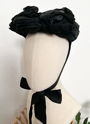Antique 1800s Victorian Black Bonnet With Gathered Fabric And Ribbon Trim • $125