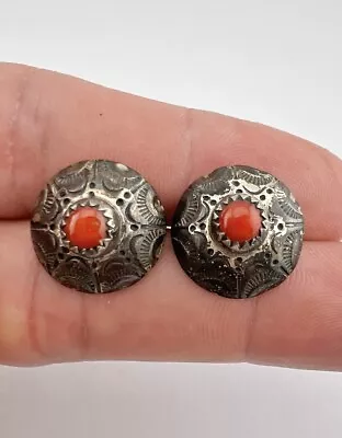 Vintage Navajo Sterling Silver Stamped Natural Red Coral Post Earrings • $49.95