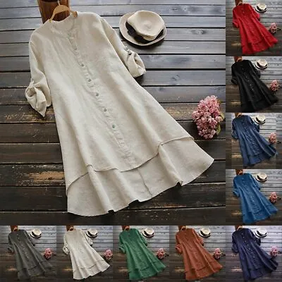 Plus Size Women Cotton Linen Casual Baggy T-Shirt Dress Ladies Tunic Tops Blouse • £11.89