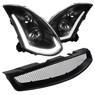 Fit 03-07 G35 Coupe Black Headlights W/LED DRL Sequential Signal+ Mesh Grill • $426.95