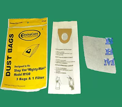 3 Generic Shopvac #90106 Paper Bags For Mighty-Mini 3 Bags & 1 Secondary Filter • $5.48