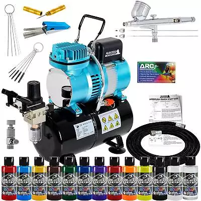 Master Airbrush Air Compressor Kit 3 Tip Airbrush 12 Createx Wicked Paint Colors • $302.99