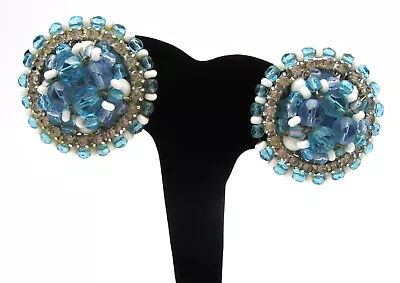 Vintage Marvella Blue White Beaded Rhinestone Round Statement Clip Earrings • $17.99