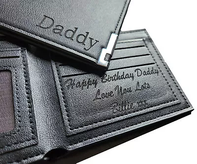 Personalised Engraved PU Black Leather Wallet  Anniversary Birthday Gift Dad Son • £14.44