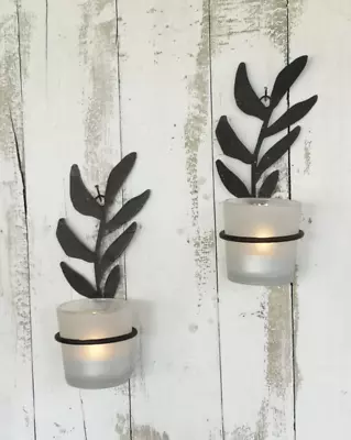 Rustic Wall Hung Leaf Candle Holder Sconce Rust Metal Tea Light Holder Olivio • £8