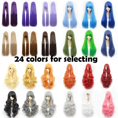 24 Colors Anime Cosplay Wig Black Red Brown Long Straight Wavy Women Full Hair • $24.20