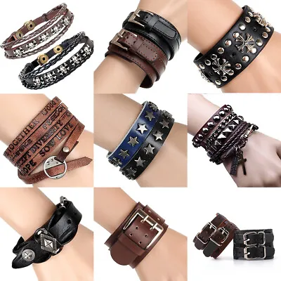 Unisex's Men Punk Wide Leather Cuff Bangle Clasp Cool Bracelet Wristband Jewelry • $7.99