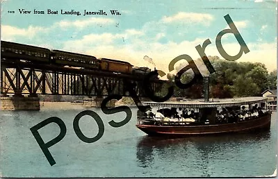 1911 JANESVILLE WI View From Boat Landing Steam Boat & Train Postcard Jj072 • $8