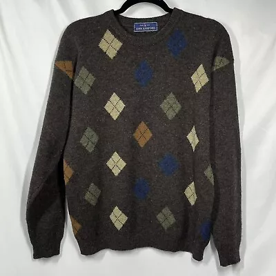 Vtg John Ashford Golf Sweater Men's M Brown Argyle Pure Lambswool Pullover Dad • $14.99