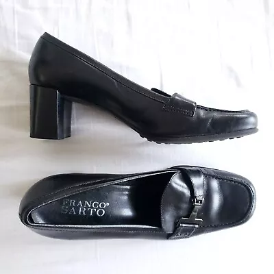 Y2K Franco Sarto Womens 6.5 Black Genuine Leather Heeled Loafers Silver Buckle • $24.99