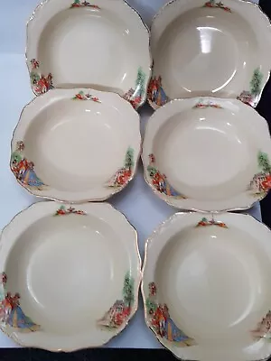 J & G Meakin England  Sunshine - Set Of 6 Soup Bowls - Courting Couple Reg 56107 • $90