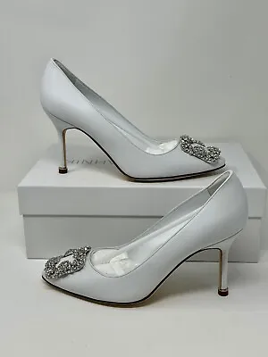 Manolo Blahnik Hangisi 90MM Embellished Leather Pumps White Bridal Sz 36.5. NEW • $585