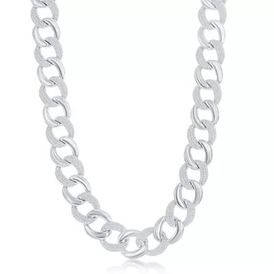 Sterling Silver Alternating Polished & Micro Pave CZ Solid Link Chain • $868
