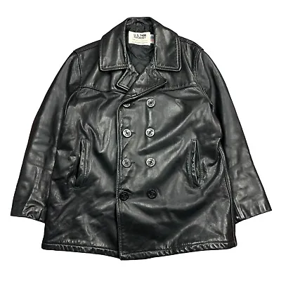 Vintage Schott NYC US 740N Leather Pea Jacket Coat Mens Size 42 Black Naval Navy • $299.99