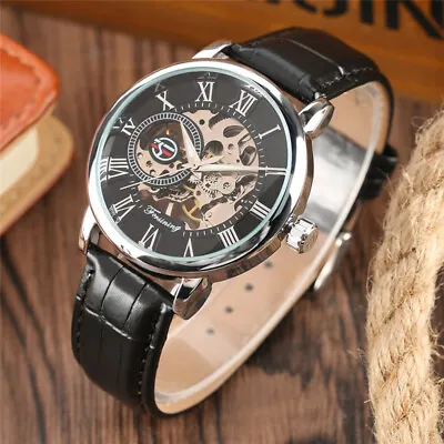 FORSINING Luxury Silver Skeleton Steampunk Windup Mechanical Watch Mens Gifts • $18.38