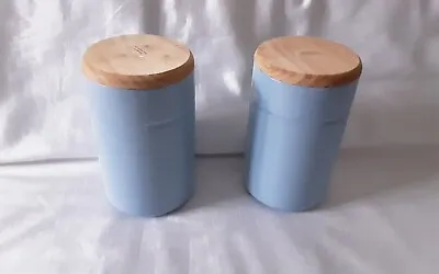 Two New Maxwell Williams Blue Ceramic Storage Jars With Wooden Lids Height 6.5  • £14