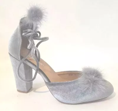 Glamour Silver/Grey Crushed Velvet Pom Pom Tie Up Leg Block Heel Shoes UK 4 • £17.99