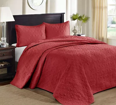 XXL RED 3p King / Cal King 102 X 118 BEDSPREAD SET : COTTON FILL MATELASSE QUILT • $116.45
