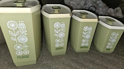 $45.99 • Buy Vintage 1970's Lustro Ware Avocado Floral Plastic Nesting Canister Set Lids Box 