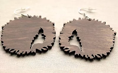 Beautiful Laser Cut Wooden Earrings Afro Girl Silhouette Brown Large Sizes • $20.08
