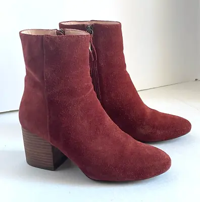 J Crew Bootie Women 8 Red Suede Leather Block Heel Back Zip Sadie Redwood • $39.98