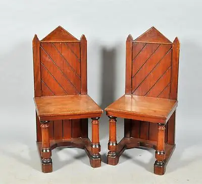 C19th Victorian Pair Neo Gothic Mahogany Chairs Walpole Strawberry Hill Pugin • £2999.99