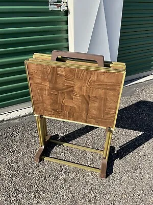 Vintage Mid Century Modern Set Of 4 Faux Wood Metal TV Tray Tables W Stand • $179.95