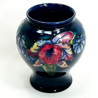 Moorcroft Art Pottery Cobalt Blue Vase With Red Orchid Design 1920's Earthenware • $210
