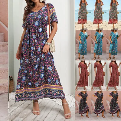 Women Floral Boho V Neck Maxi Dress Ladies Summer Holiday Beach Ruffled Sundress • $17.56