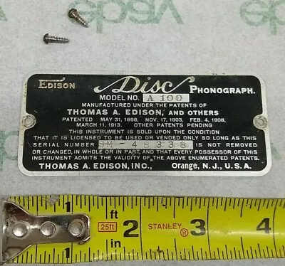 Edison Phonograph Diamond Disc Model A 100 Name Plaque Placard Part      TH • $94.91