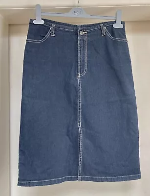 Sportsgirl Size 12 Stretchy Denim Blue Knee High Skirt Front Split Pockets VGC • £6